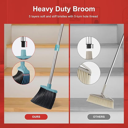 Tiumso Upgrade Broom and Dustpan Set, Broom with Dustpan Combo Sets, Large Brooms and Dust Pan with Handle, Self-Cleaning Dust Pans, Heavy Duty Broom and Dustpans Set for Lobby Kitchen Office - Green