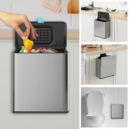 Stainless Steel Hanging Trash Can with Lid and Inner Bucket, 2 Gallon Kitchen Compost Bin for Counter Top, Under Sink or Wall Mount, Small Garbage Can for Cupboard/Bathroom/Bedroom/RV