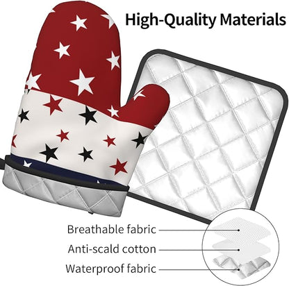 Red White and Blue Oven Mitts and Pot Holders Sets Patriotic American Flag StripedKitchen Mitts 4th of July Hot Pads for Cooking BBQ Baking Grilling