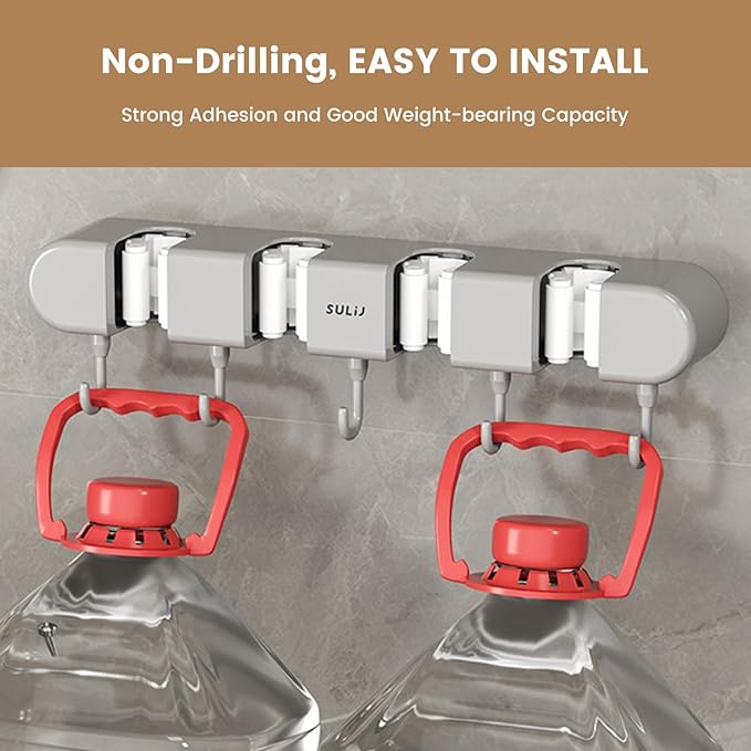 3PCS Broom Holder Wall Mount, No-Drilling Self-Adhesive Mop and Broom Storage Rack (4 Racks with 5 Hooks),Wall-Mounted Broom Hanger for Bathroom, Kitchen, Closet, Garage (Gray)
