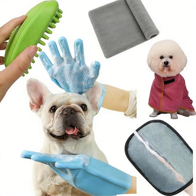 5Pcs Pet Shower & Bath Supplies Dog Shampoo Brush Set All in One Grooming Kit Fast Dry Dog Bathrobe Spa Massage Scrubbing Brush Easy Clean Glove Microfiber Towel & Deshedding Glove