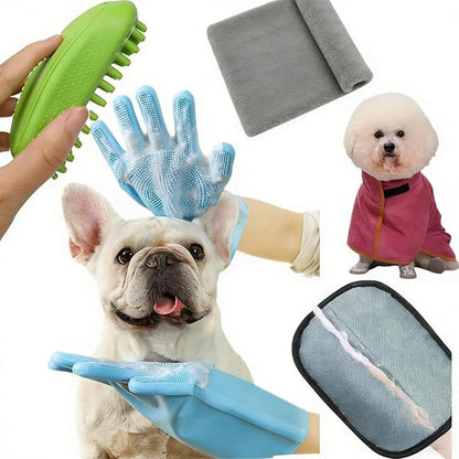 5Pcs Pet Shower & Bath Supplies Dog Shampoo Brush Set All in One Grooming Kit Fast Dry Dog Bathrobe Spa Massage Scrubbing Brush Easy Clean Glove Microfiber Towel & Deshedding Glove