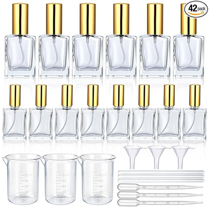 Sawysine 42 Pcs Clear Perfume Spray Bottle Set Includes 20 Bottles 15ml, 10 Bottles 20ml, 3 Plastic Beaker, 3 Glass Stirring Rods 3 Funnel and 3 Dropper for Perfume Making, Essential Oil, Liquid