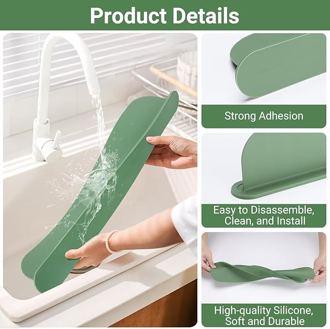 19.3 inch Silicone Sink Splash Guard, Splash Guard for Kitchen Sink Area, Backsplash Protector for Kitchen Countertop & Bathroom Bathtub with Non-Slip Strong Suction, Sage Green