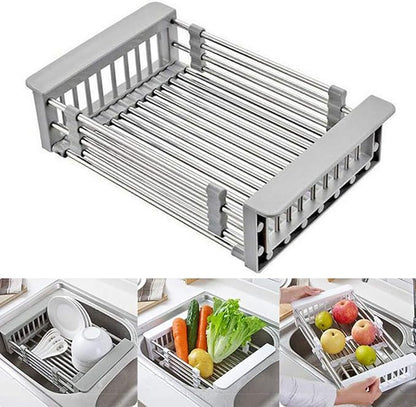 CARNAVAL Stainless Steel Kitchen Drying Rack, Retractable Drain Basket with Adjustable Armrest, Over The Sink Dish Drying Rack