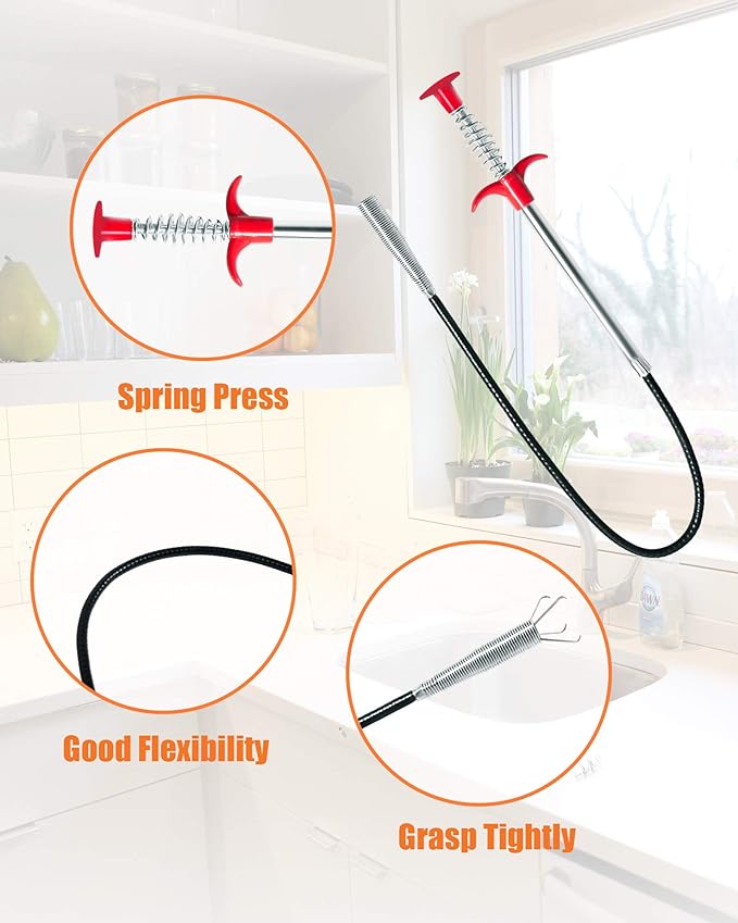 Hair Drain Clog Remover Tool – 6 × 25-Inch Sink Snake + 1 × 24-Inch Drain Cleaner Tool, Plumbing Snake for Shower, Toilet, Kitchen Sink & Tub – 7-Piece Hair Removal Tool Set