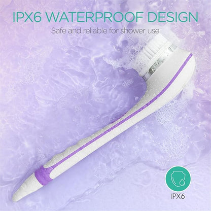 VOYOR Electric Body Brush Back Scrubber for Shower Rechargeable Exfoliating Bath Brush Powered Shower Brush with Non-Slip Long Handle Deep Cleansing, Exfoliation, Massaging Spin Brush BC100 (Purple)