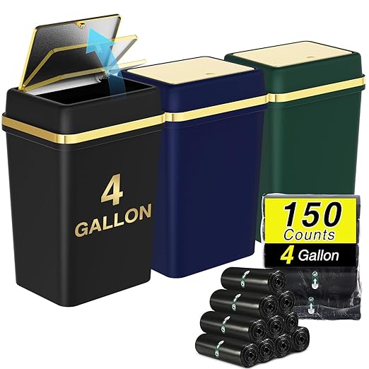 3 Pack Bathroom Trash Can with Lid 4 Gallon Small Trash Can with Press Top Lid Bathroom Garbage Can with 150 Counts Trash Bags for Kitchen Bedroom Office(Black Navy Blue Dark Green)