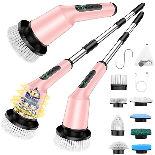 Shower Scrubber with Long Handle, Bathroom Cleaner Brush with 8 Brush Heads, Cordless Electric Spin Scrubber for Cleaning with 2 Speed, Cleaning Supplies for Bathtub Kitchen Floor Tile Toilet