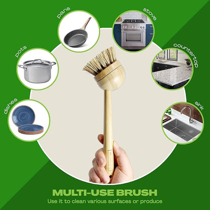 JuneLily Long Coconut Dish Brush Plant-Based Vegan for Kitchen Bathroom Cleaning Produce Washing Dishes (Long Dish Brush)