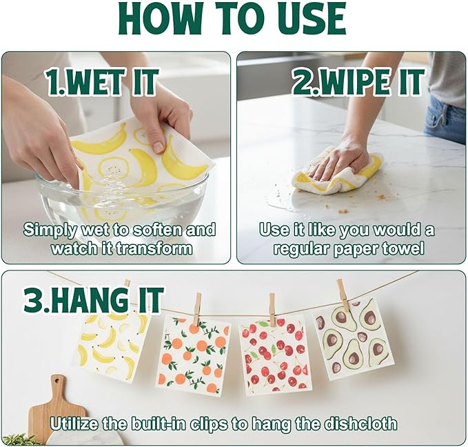 Swedish Dishcloths for Kitchen, 6 Pack Swedish Dish Cloths, Reusable Paper Towels, Washable Kitchen Cloth, 100% Biodegradable, Super Absorbent, Quick Drying