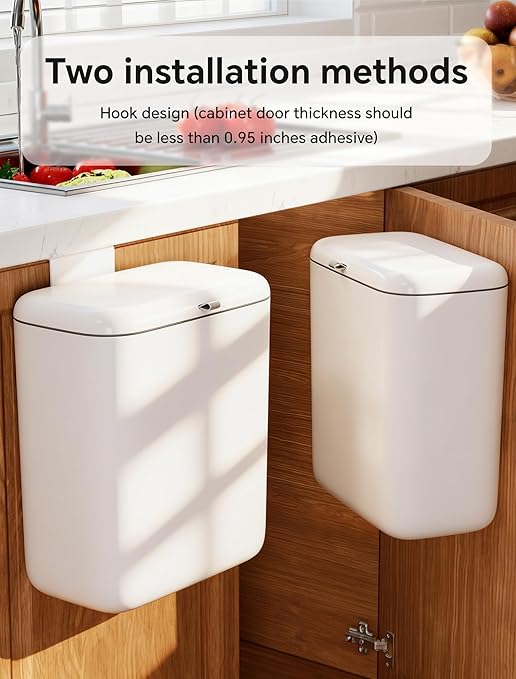 Wall Mounted Kitchen Compost Bin with Lid, Hanging Trash Can for Cabinet Door, White Plastic Food Scrap Bin for Kitchen Counter and Under Sink, 2.3 Gal