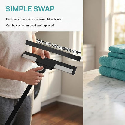 Floor Squeegee Broom - 52" Long Handle Rubber Scrubber for Bathroom, Tile, Shower, Glass, Pet Hair, Hardwood Floor - Adjustable Long Handle, Water Wiper with Replacement Blade (Black)