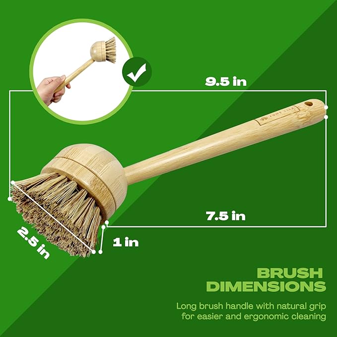 JuneLily Long Coconut Dish Brush Plant-Based Vegan for Kitchen Bathroom Cleaning Produce Washing Dishes (Long Dish Brush)