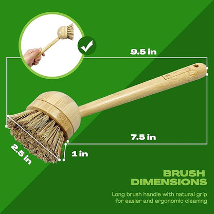 JuneLily Long Coconut Dish Brush Plant-Based Vegan for Kitchen Bathroom Cleaning Produce Washing Dishes (Long Dish Brush)