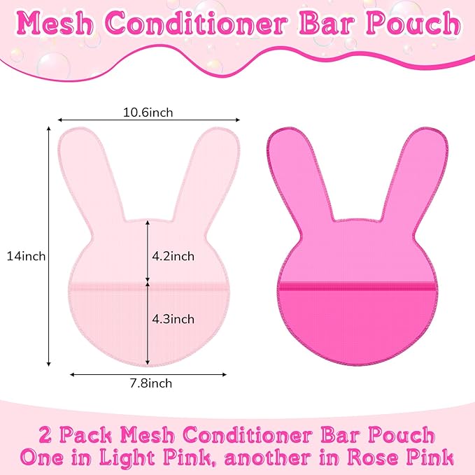 Nuanchu 2 Pcs Shampoo Bar Holder Bag Soap Saver Bag Beauty Shampoo Conditioner Bar Pouch Rabbit Shape Travel Soap Holder Loofah Bubble Foam Net Savers (Light Pink, Rose Pink,L)