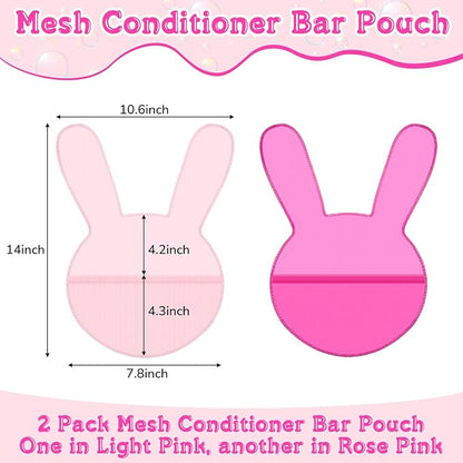 Nuanchu 2 Pcs Shampoo Bar Holder Bag Soap Saver Bag Beauty Shampoo Conditioner Bar Pouch Rabbit Shape Travel Soap Holder Loofah Bubble Foam Net Savers (Light Pink, Rose Pink,L)