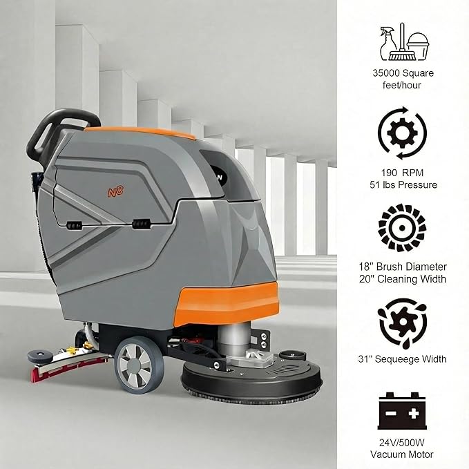 N3 20" Walk-Behind Floor Scrubber - Complete Kit with 3 Brushes & 4 Rubber Lips Sets, Replaceable Consumables, 31" Squeegee, 11-Gallon Solution Tank, 190 RPM, User-Friendly