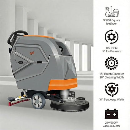 N3 20" Walk-Behind Floor Scrubber - Complete Kit with 3 Brushes & 4 Rubber Lips Sets, Replaceable Consumables, 31" Squeegee, 11-Gallon Solution Tank, 190 RPM, User-Friendly