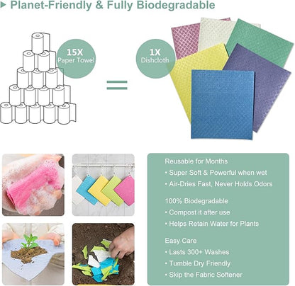 Swedish Dishcloths 6-Pack, Super Absorbent & Quick-Dry Reusable Dish Towels, Biodegradable Kitchen Sponge Cloths for Dishes, Countertops, Glass & Car