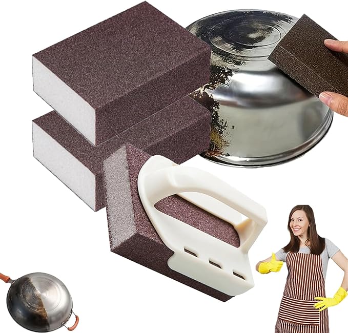 Magic Cleaning Sponge with Handle, Heavy Duty Nano Carbide Cleaning Sponge, Nanotechnology Sponge Scrubber, Emery Cleaning Sponge Brush Eraser Scrub Pads, Removing Rust for Pots and Pans (3PCS)