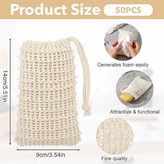 SHENLIU 50 Pack Soap Bags with Drawstring, Mesh Exfoliating Soap Saver Bag Sisal Soaps Pouch Bar Foaming and Drying Exfoliating Net for Bath Shower Massaging Scrubbing (5.3 × 3.7inch)