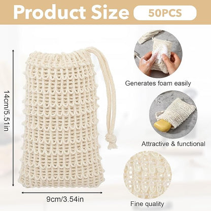 SHENLIU 50 Pack Soap Bags with Drawstring, Mesh Exfoliating Soap Saver Bag Sisal Soaps Pouch Bar Foaming and Drying Exfoliating Net for Bath Shower Massaging Scrubbing (5.3 × 3.7inch)