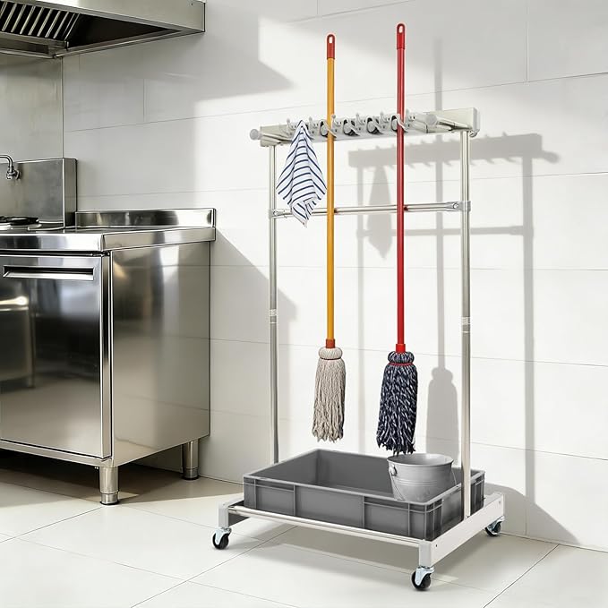 Broom Mop Holder Cleaning Supplies Organizer, Mobile Mop Rack with Water Basin & 12 Hooks, Freestanding Cleaning Tool Cart Storage Rack for Home Garden Garage Schools Hotels (Grey Basin)