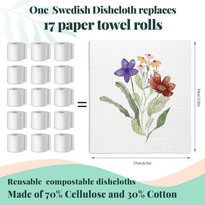 Spring Flower Swedish Dishcloths for Kitchen, Swedish Dish Cleaning Cloths for Floral, Papaya Reusable Paper Towels, 4 Pack Dish Towels for Kitchen, Reusable Paper Dishcloths Washable
