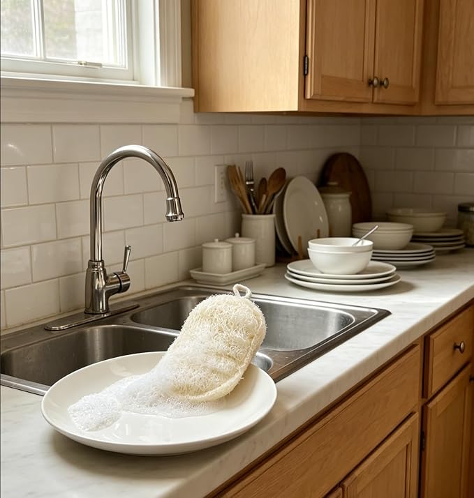 4-Pack Premium Egyptian Loofah Dish Sponge - Large 4.7" x 3.1" Natural Kitchen Scrubber - Thick Double-Layered Compostable Sponges for Dishes - Non-Scratch, Ultra Soft & Biodegradable