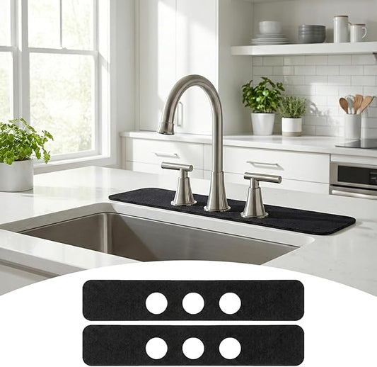 2PCS Faucet Mat for Bathroom Sink 3 Holes: 24’’Lx4.5’’W Splash Guard Fits 8 Inch Widespread Farmhouse Vintage Bridge Kitchen Vanity Faucet - Customizable Drip Catcher for Irregular Sink