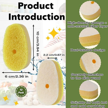 12 Pcs Dish Wand Sponge Refills – Compatible with Scrub Daddy Dish Wand, Non-Scratch Replacement Heads for Kitchen Cleaning, Yellow (Sponge Heads Only)