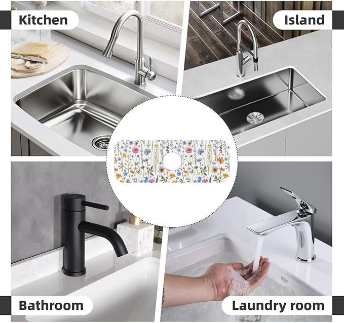 Spring Flower Colorful Leaves 15" X 5.5" Kitchen Sink Splash Guard Faucet Faucet Guard Draining Mat Sink Splash Guard Faucet Kitchen Bathroom
