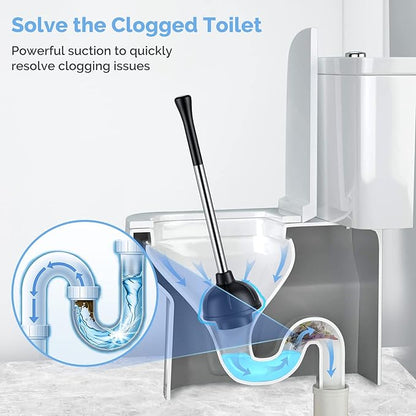 HAMITOR Toilet Plunger and Bowl Brush Set: 2 in 1 Stainless Steel Heavy Duty Toilet Cleaner Plunger with Holder Combo for Bathroom Cleaning - Modern Hideaway Bathroom Accessories with Caddy Stand