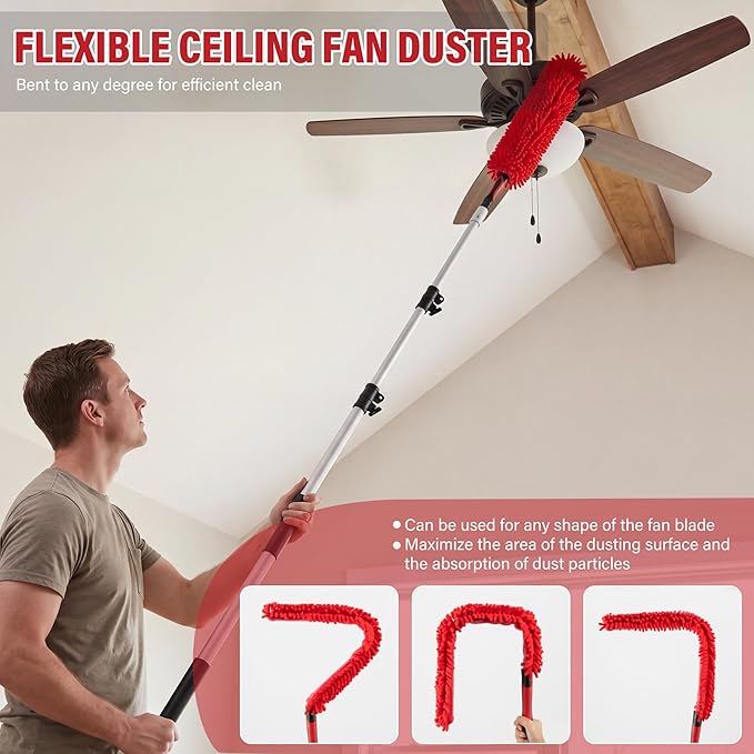 12 FT Cobweb Duster with Extension Pole, 20 FT High Reach Ceiling Fan Cleaner Duster for Home, 3.5-12 FT Extendable Pole with 3 Pcs Dusting Tools, Cubweb Brush, Feather Dusters, Ceiling Fan Duster