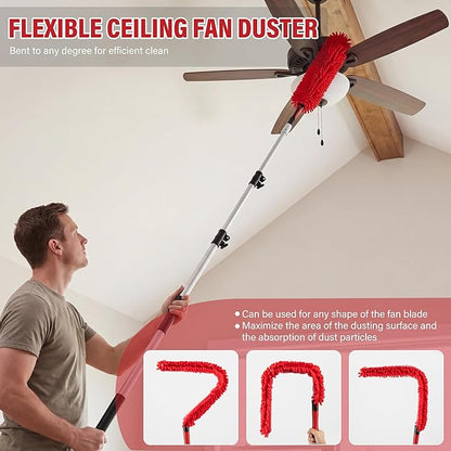 8 FT Cobweb Duster with Extension Pole, 12 FT High Reach Ceiling Fan Cleaner Duster for Home, 2.6-8 FT Extendable Pole with 3 Pcs Dusting Tools, Cubweb Duster, Feather Dusters, Ceiling Fan Duster