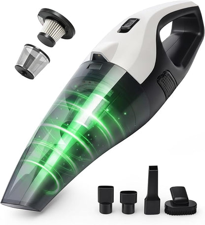 Handheld Vacuum Cordless, 6000Pa Strong Suction for Car Seats & Pet Hair, with USB and 5 m Car Charger, Portable with LED Light for Home Office, Lightweight