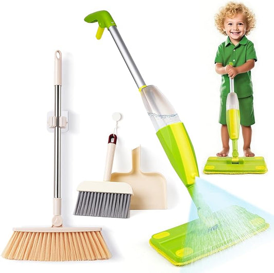 Kids Spray Mop,Toddler Mop Cleaning Set, Real Working Mini Mop & Kids Broom Dustpan Set, Housekeeping Pretend Play Toy, Montessori Kid Cleaning Toy Set Includes Organizer Clip -Green