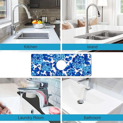 Kitchen Sink Splash Guard Faucet Mat Super Absorbent Fast Drying Mat Sink Gadgets Splash Guard Behind Faucet Drip Catcher for Kitchen (Blue Flowers, 15x5.5in)