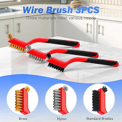 Wire Brush Set, 3 Pcs Stainless Steel/Brass/Nylon Wire Brushes for Cleaning with Curved Handle Grip for Rust Removal, Dirt, Paint Scrubbing(Red)