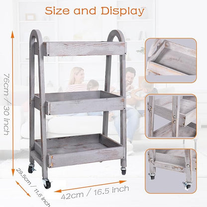 3-Tier Wooden Rolling Cart- Wooden Utility Cart wit Wheels- Utility Rolling Cart-Storage Trolley Organizer- Rolling Kitchen Serving Cart for Office,Kitchen, Kids' Room (Retro Grey)