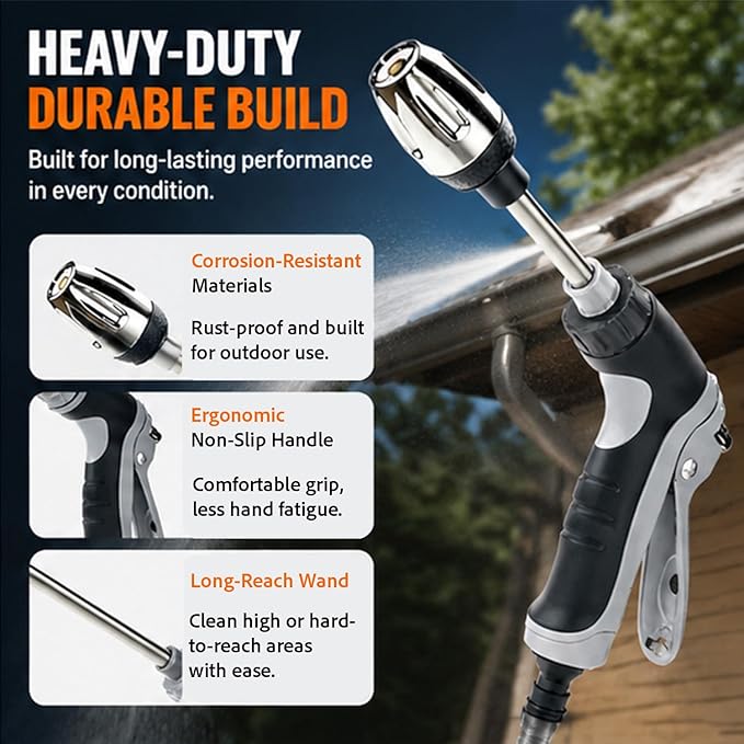 High Pressure Hose Nozzle – Turn Any Hose into Pressure Washer, 2026 Heavy Duty Garden Hose Spray Nozzle, 3 Spray Modes,Multi-Function Water Jet Sprayer for Car Wash,Garden,Lawn & Patio Cleaning
