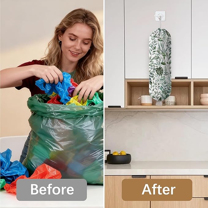 Plant Plastic Bag Holder, Wall Mount Organizer for Reusable Canvas Grocery Bags, Plants Hanging Plastic Bag Dispenser, Green Leaves Shopping Bags Storage Dispenser Decorative Home Kitchen Pantry Decor
