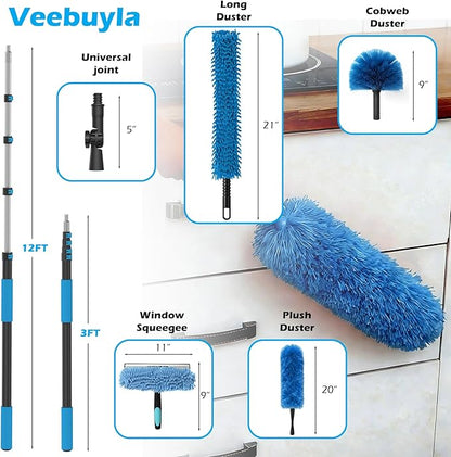 16FT Reach High Ceiling Duster Kits with 3-12FT Adjustable Pole - Includes Extra Long Duster, High Ceiling Duster, Rotatable Window Squeegee & Cobweb Duster for Ceiling Fans and Whole House Cleaning