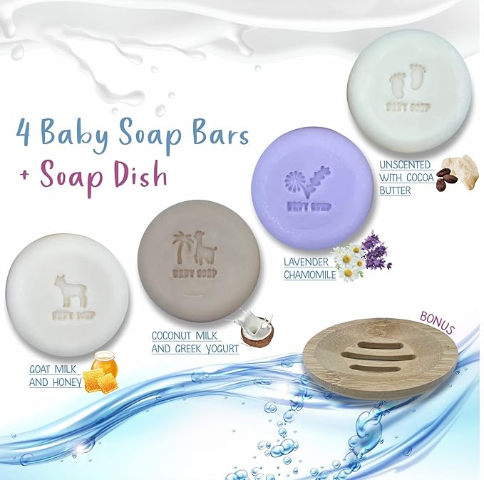 Set of 4 Organic Baby Soap Bars - Lavender-Chamomile, Goat Milk-Honey, Unscented, Greek Yogurt - Coconut Milk - All Natural Cold Process Soap Bars For Baby, Toddler, Kids - Safe for Sensitive Skin