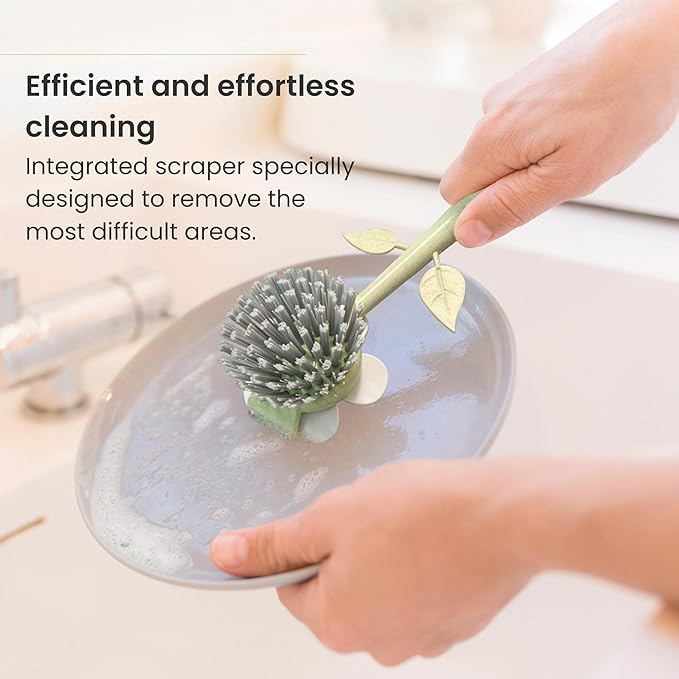 Vigar Florganic Dish Brush with Handle & Built-in Stand - Daisy-Shaped Kitchen Scrub Brush for Dishes and Sink Cleaning, Non-Stick Safe Soft Nylon Bristles, Pot Scrubber, Dishwasher Safe – Multicolor
