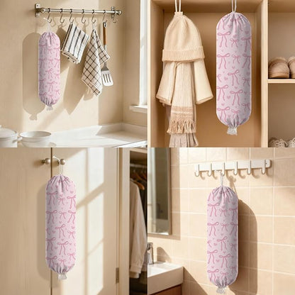 Pink Bow Plastic Bag Holder Dispenser, Plastic Grocery Bag Organizer & Wall Mount Paper Trash Bags Saver Storage for Kitchen Home Pantry Decor, Pink Bow Kitchen Decor Shopping Bags Storage Dispenser