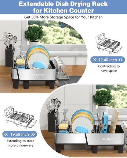 Dish Drying Rack, 304 Stainless Steel Exendable Dish Rack with Adjustable Drain Spout, Large Capacity Dish Drainer with Utensil Holder, Cup Holder and Cutting Board Rack for Kitchen Counter, Black