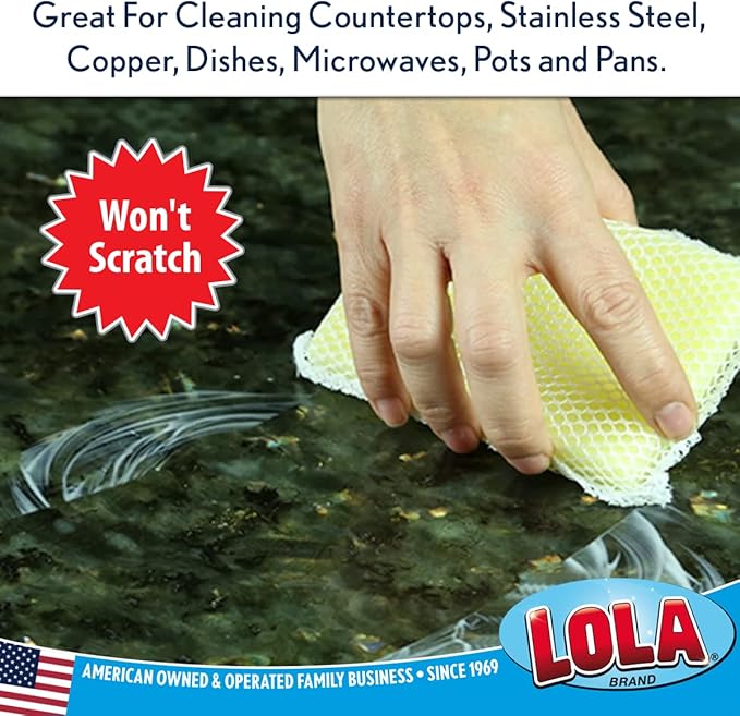 LOLA Nylon Net Sponge Cleaning Pad, 144 Pack, Non Scratch Scrubbers, Safe on Non-Stick Surfaces & Coated Cookware & Dishes - Gentle Effective Cleaning