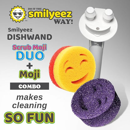 The Original Smiling Handle with Soap Dispensing for Scrub Daddy (Reg. TM) Sponge and Scrub Moji Sponge, Smile Caddy, and 2 Scrub Mojis (White/Grey Wands)